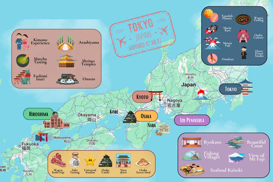 A map of Japan illustrating what makes each region special