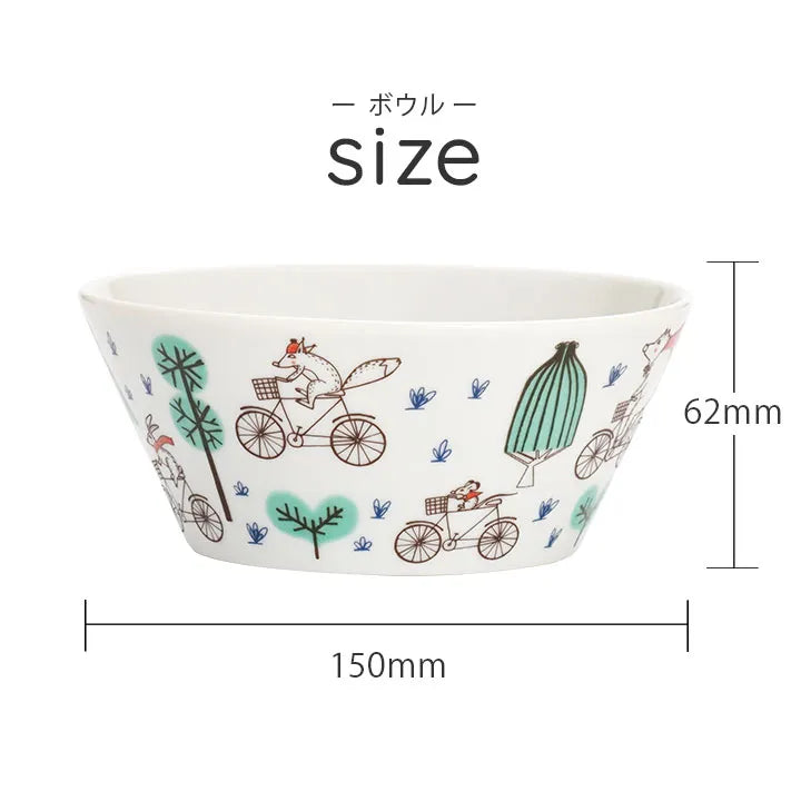 Ceramic bowl with cartoon designs and dimensions on a white background