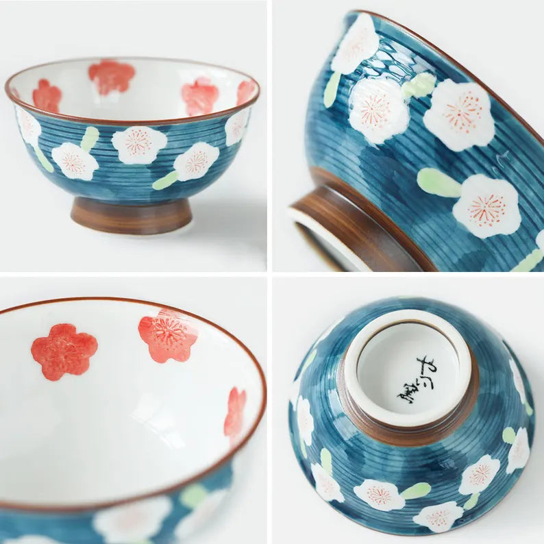 Collage of ceramic bowls with floral patterns on a white background