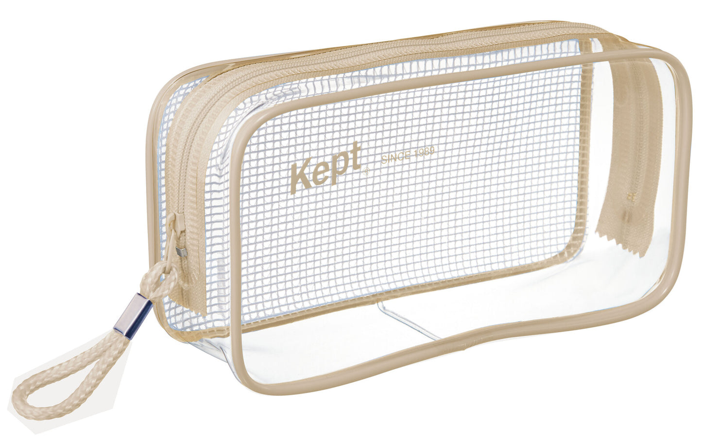 Beige toiletry bag with mesh side and 'Kepl' branding on a white background
