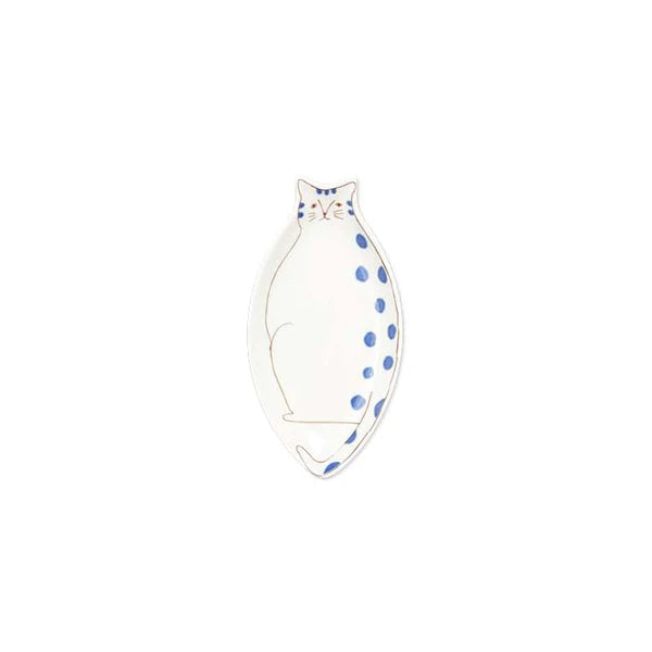 Cat-shaped ceramic plate with blue spots on a white background
