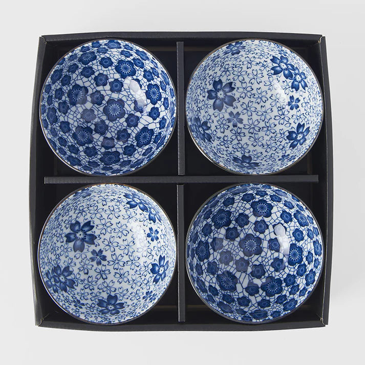 Bowl Set – Blue Plum & Cherry Blossom Design (4pcs)