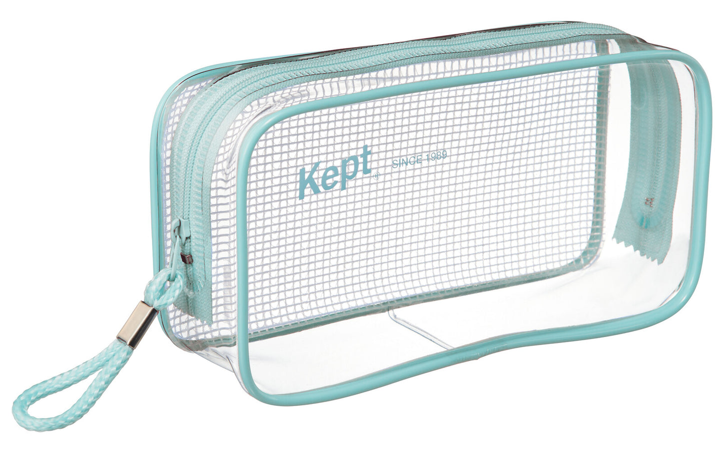 Clear mesh pouch with a handle and 'Kept' branding on a white background