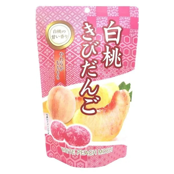 Pink package of white peach mochi with Japanese text on a white background