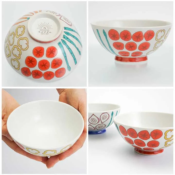 Collage of ceramic bowls with floral patterns on a white background