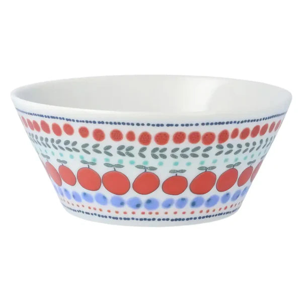 Decorative bowl with red apple pattern on a white background