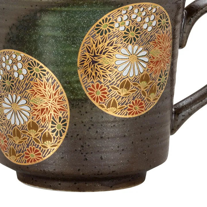Kutani Ware ceramic mug with floral patterns on a white background