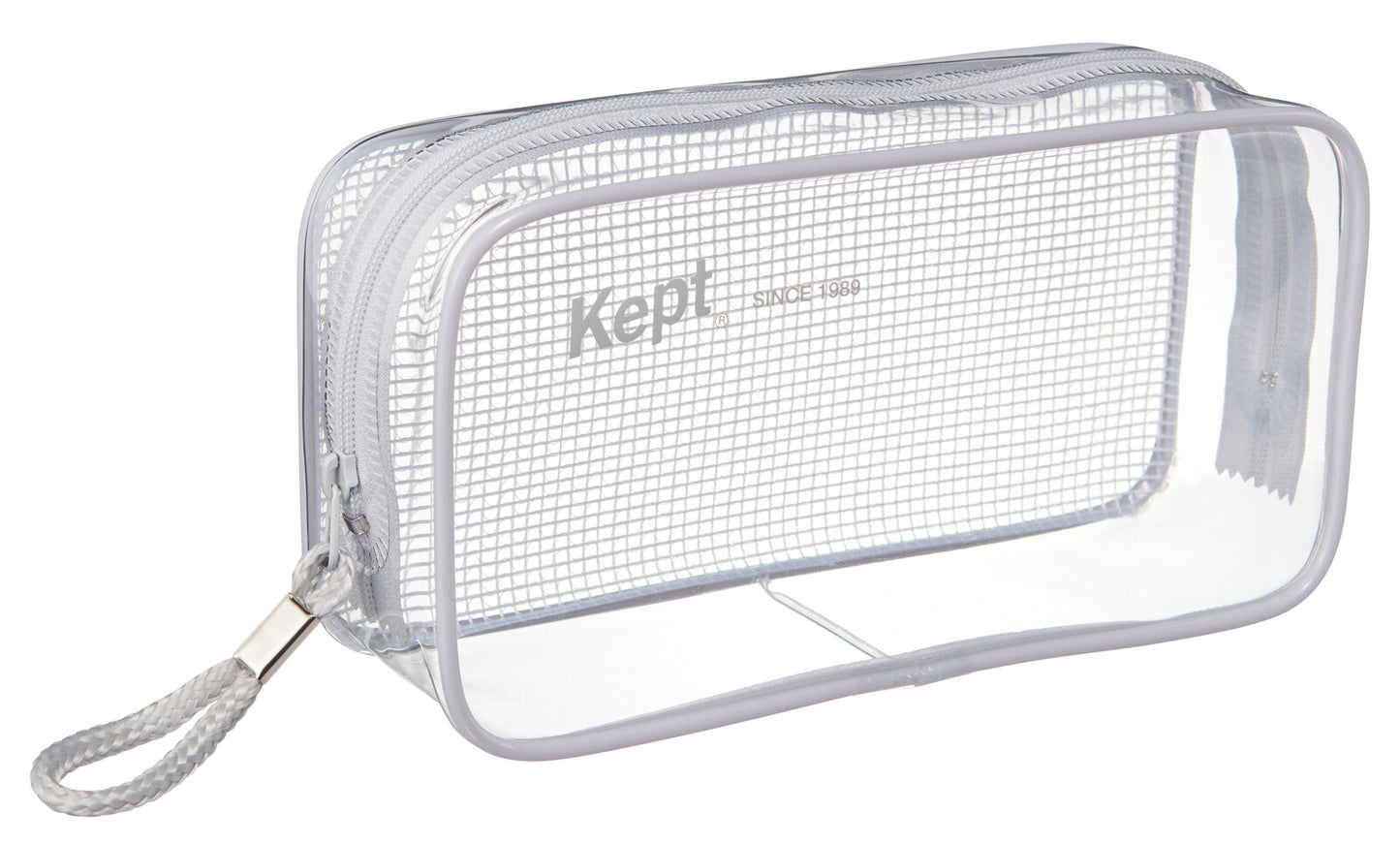 Clear mesh pouch with zipper and 'Kept' branding on a white background