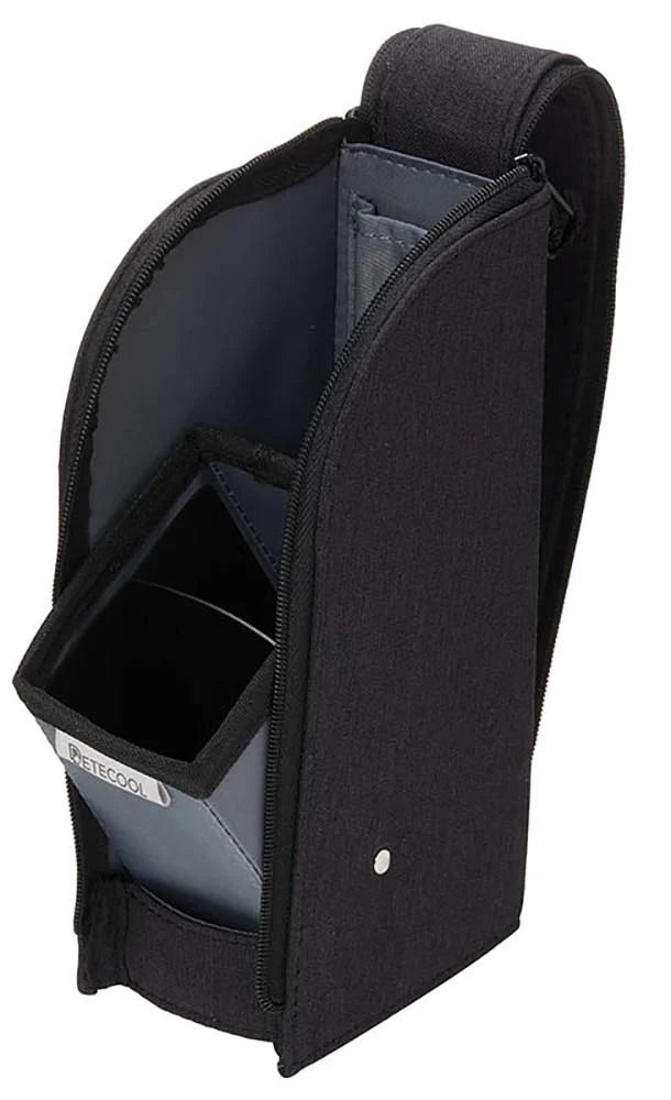 Black pouch with a compartment for a phone or small device on a white background