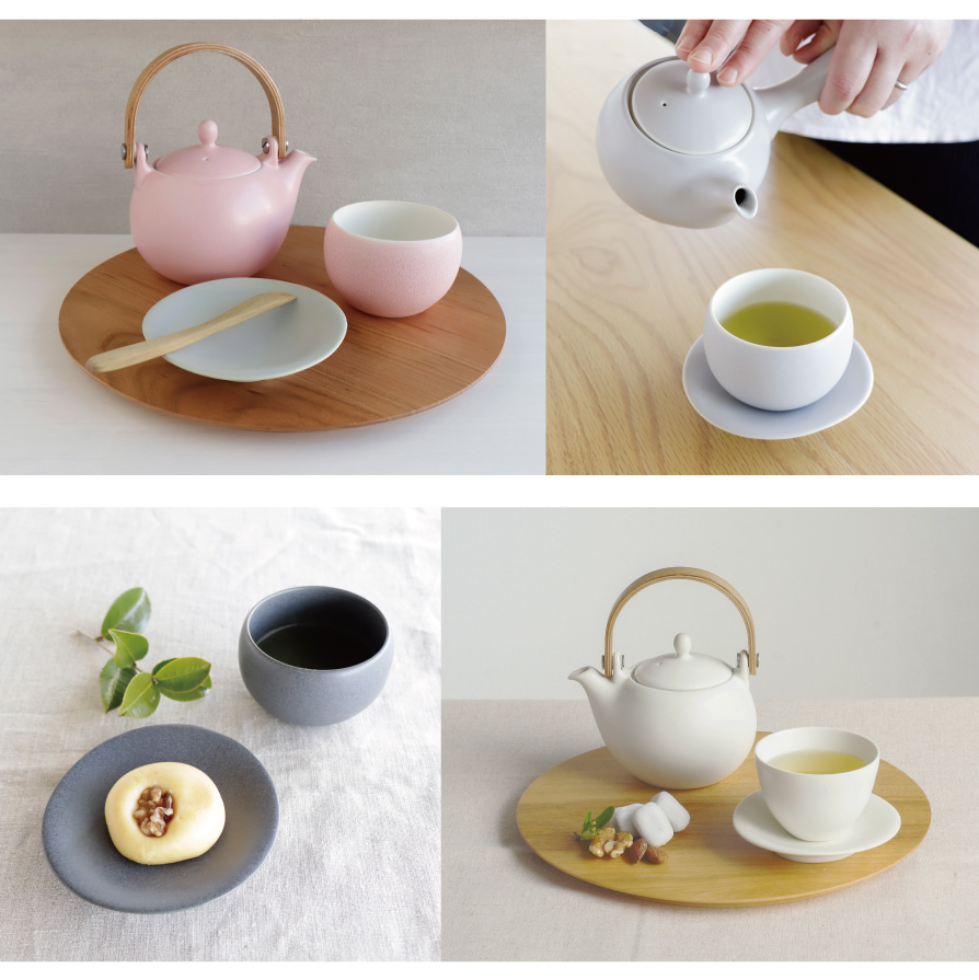 Collage of tea sets including a pink teapot, white teacup, and wooden tray with a small dish.