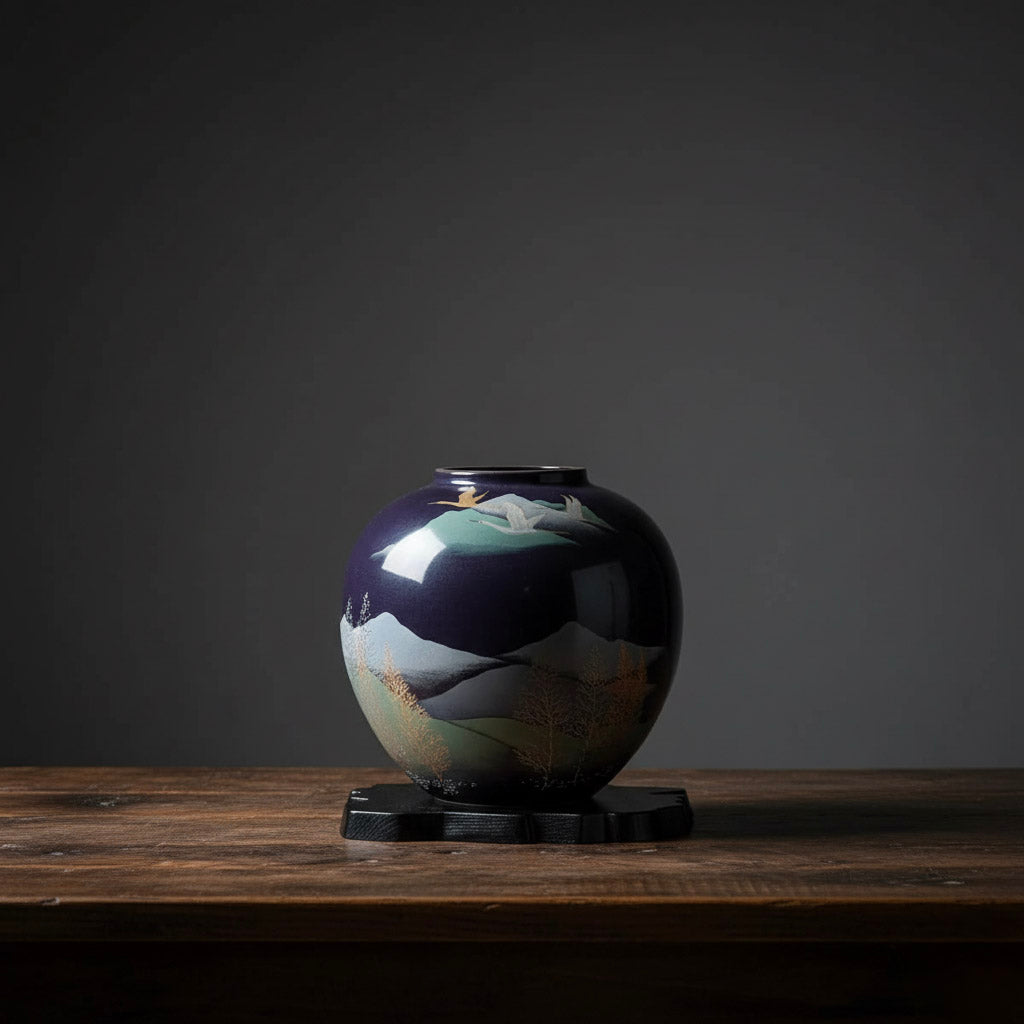 Ceramic vase with artistic design on a wooden table against a dark background