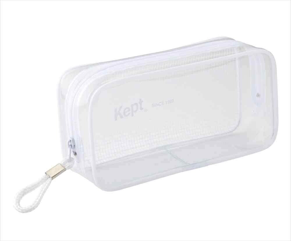 Clear pouch with a white zipper and 'Kept' branding on a white background