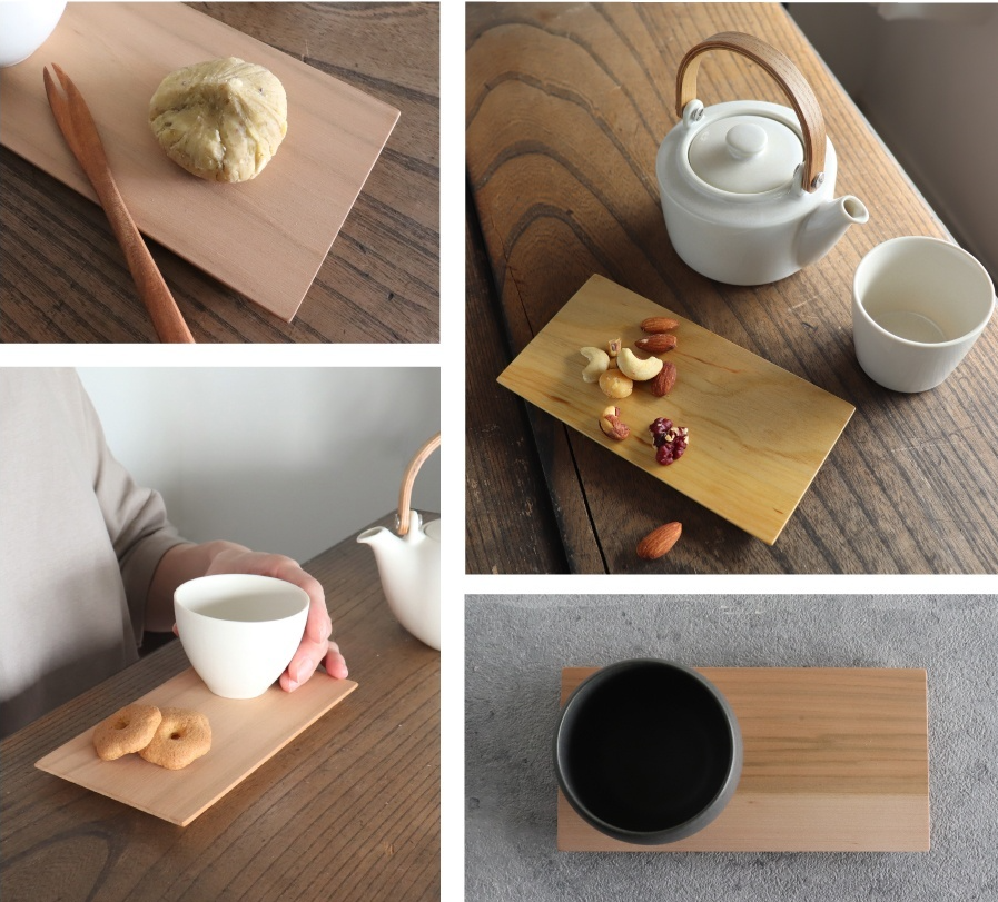 Collage of a white teapot, cup, and cookies on a wooden tray with a wooden surface.