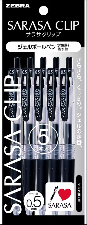 5 pieces Zebra Sarasa gel ballpoint pen clip black 0.5 P-JJ15-BK5 - Konbini