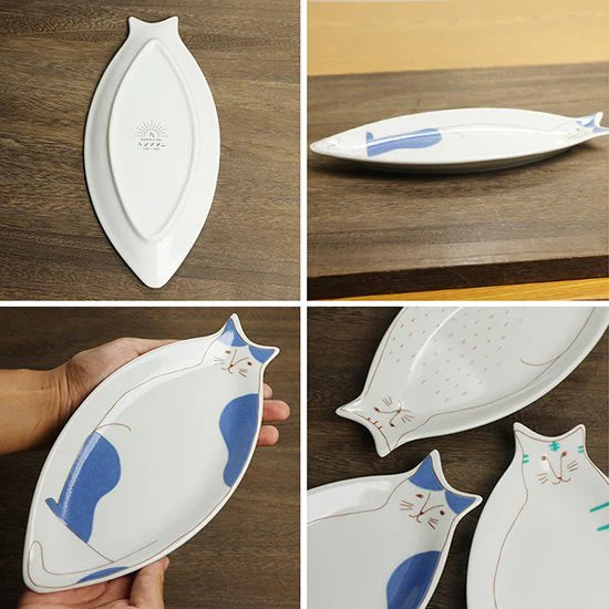HAREKUTANI Cat L-Plate – Large Japanese Ceramic Serving Dish - Konbini