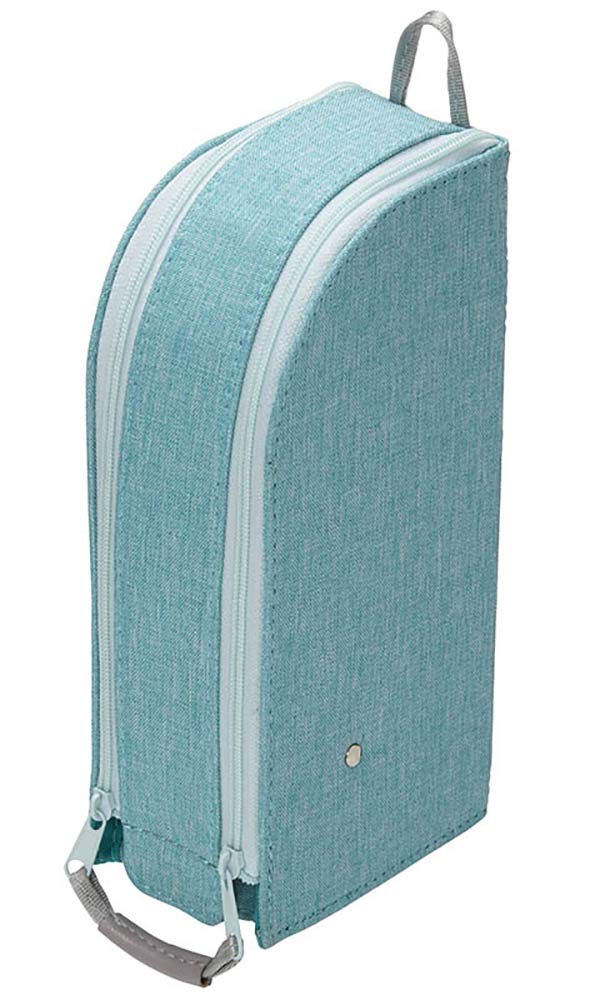 Blue shoe bag with a white zipper on a white background