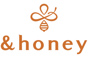 Logo of '& honey' with a stylized bee and honeycomb design.