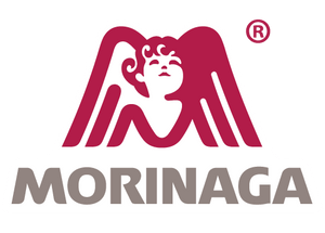 Morinaga logo with a stylized face and 'M' design on a white background