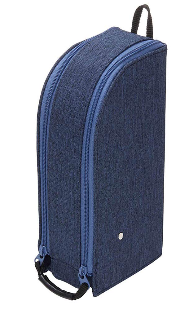 Blue denim shoe bag with a zipper on a white background