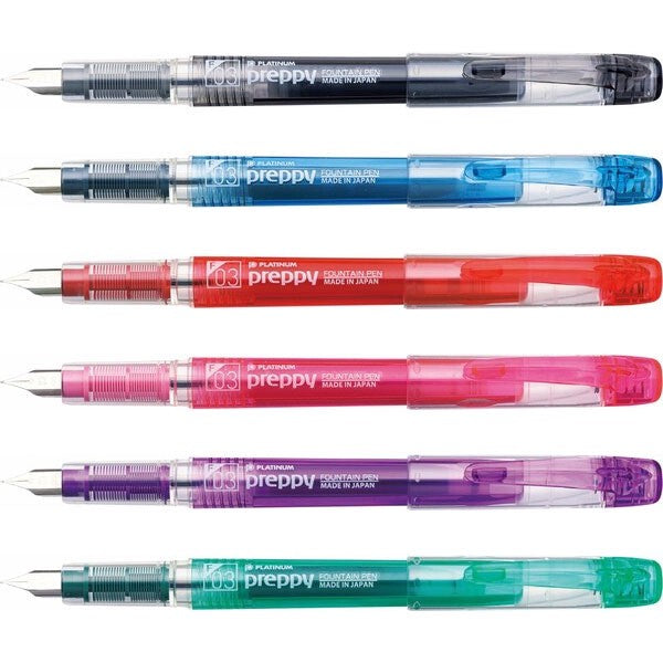 Platinum Preppy fountain pen lineup — translucent Japanese starter fountain pens with Slip & Seal cap