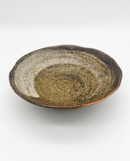 Ceramic plate with a speckled glaze on a white background