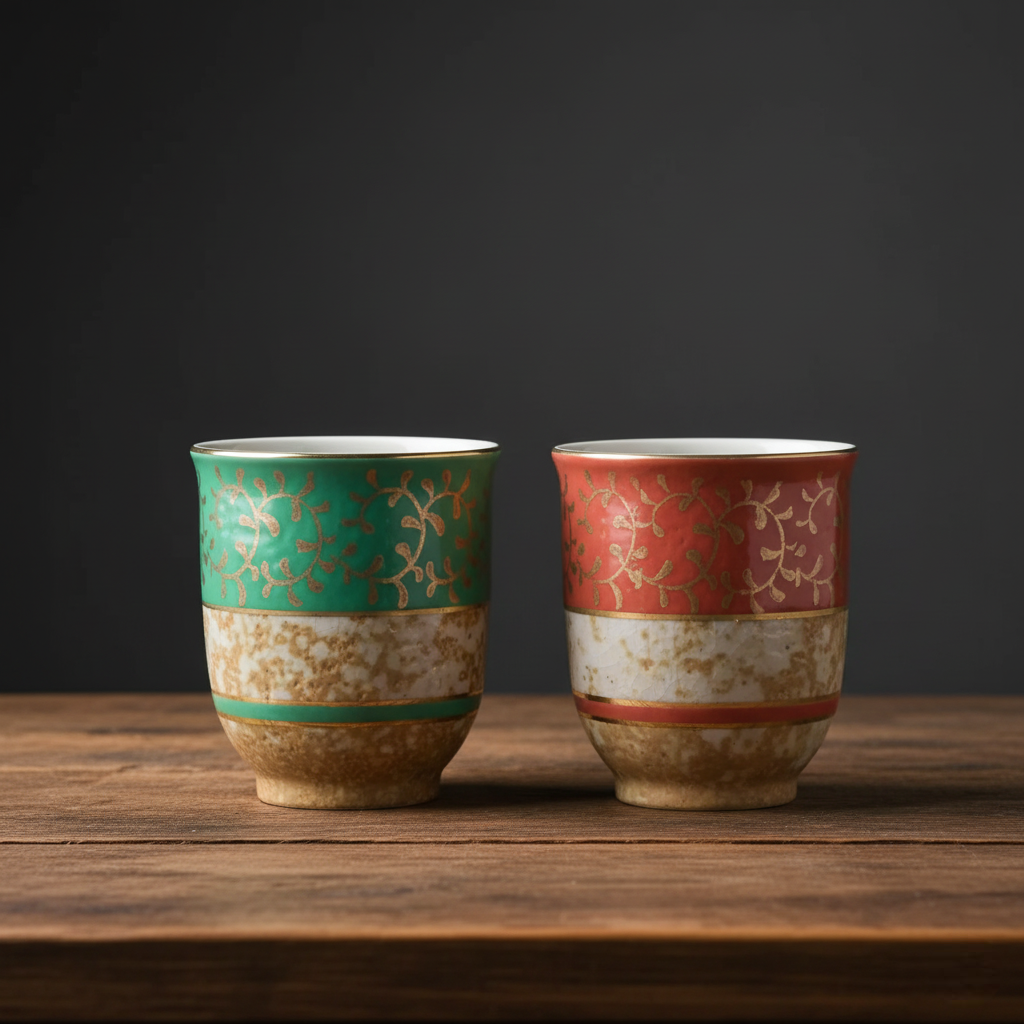 Kutani Ware Couple Teacup Set of 2 - Gold Arabesque Design | 組湯呑 金唐草