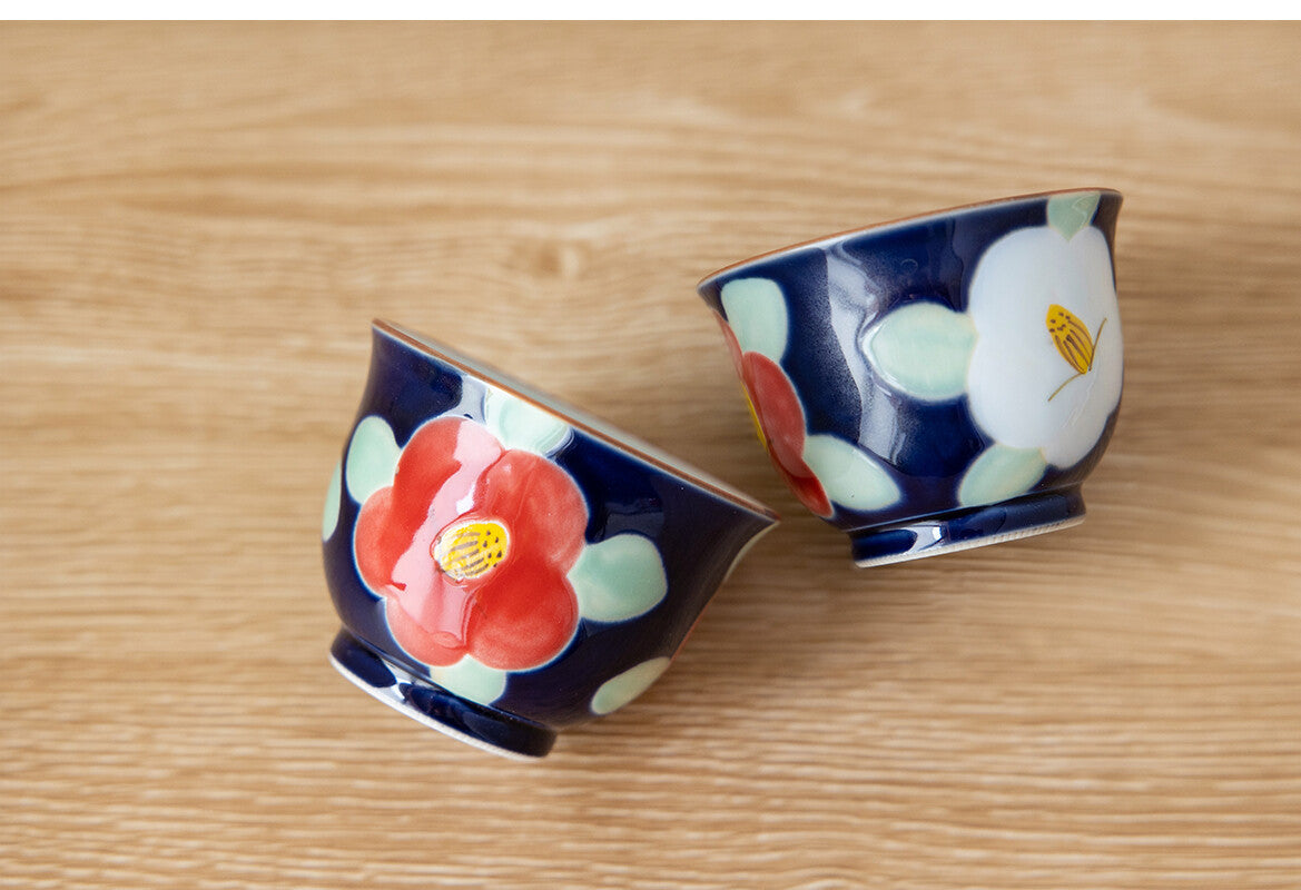 Arita Ware Tea Set - Kyusu Teapot & Sencha Cups in Camellia Design (3pcs)