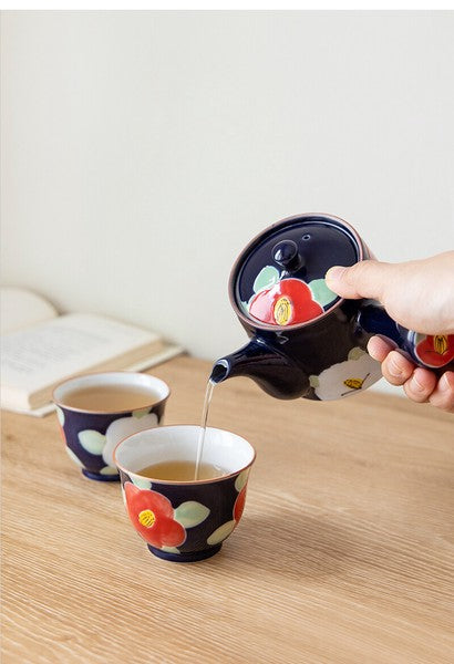 Arita Ware Tea Set - Kyusu Teapot & Sencha Cups in Camellia Design (3pcs)