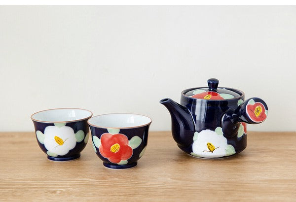 Arita Ware Tea Set - Kyusu Teapot & Sencha Cups in Camellia Design (3pcs)