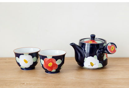 Arita Ware Tea Set - Kyusu Teapot & Sencha Cups in Camellia Design (3pcs)