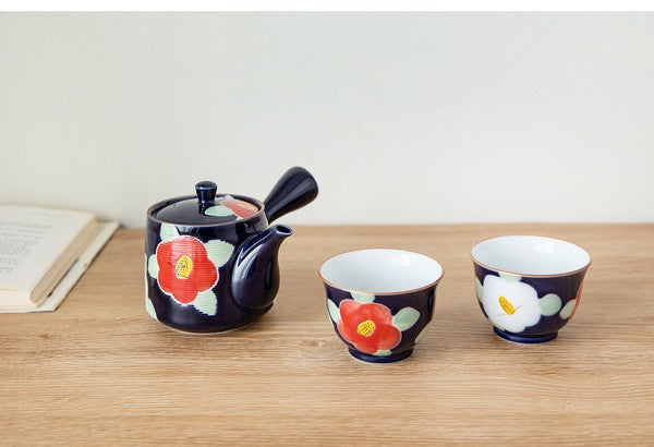 Arita Ware Tea Set - Kyusu Teapot & Sencha Cups in Camellia Design (3pcs)