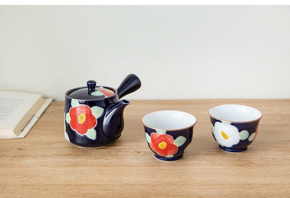 Arita Ware Tea Set - Kyusu Teapot & Sencha Cups in Camellia Design (3pcs)
