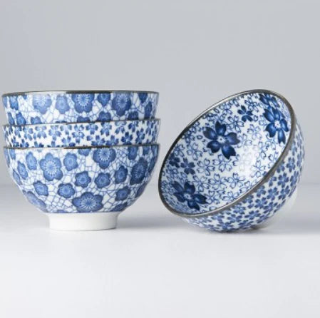 Bowl Set – Blue Plum & Cherry Blossom Design (4pcs)
