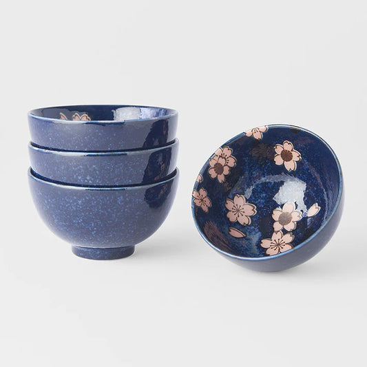 Mino Ware Bowl Set – Navy Pink Cherry Blossom (Sakura) Design (4pcs)