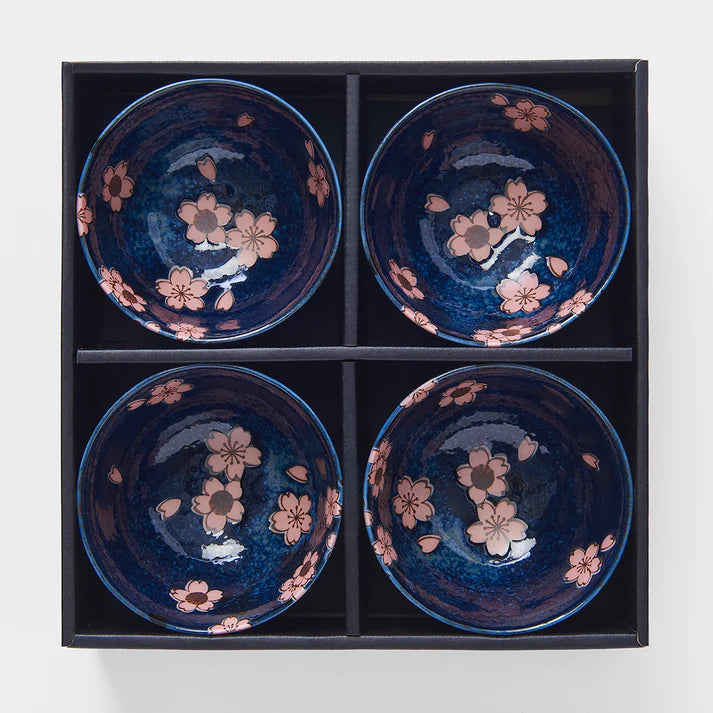 Mino Ware Bowl Set – Navy Pink Cherry Blossom (Sakura) Design (4pcs)
