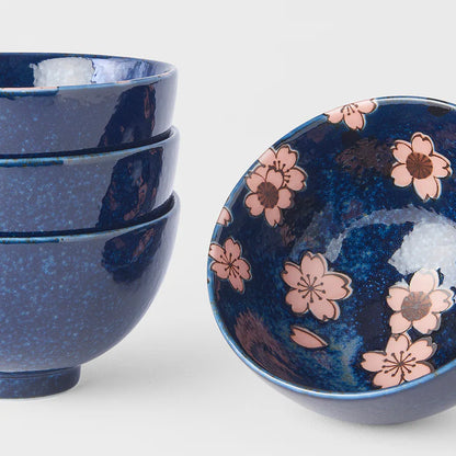 Mino Ware Bowl Set – Navy Pink Cherry Blossom (Sakura) Design (4pcs)