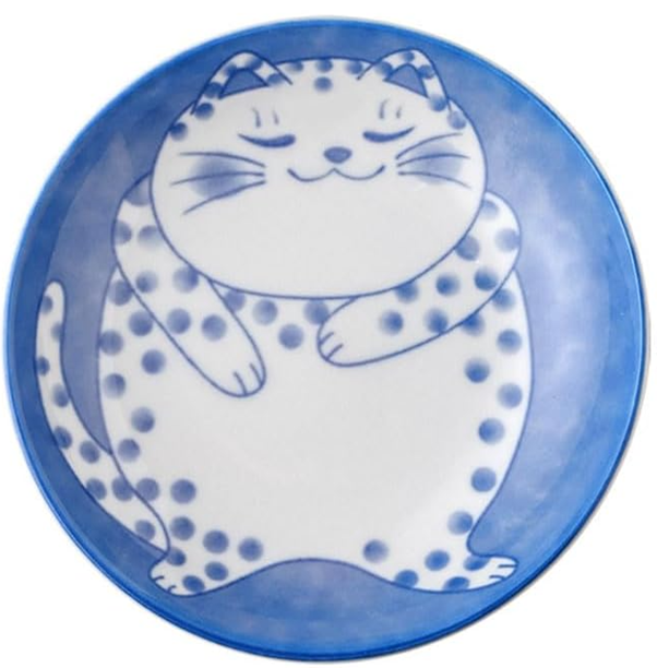 Decorative plate with a cat design on a blue background