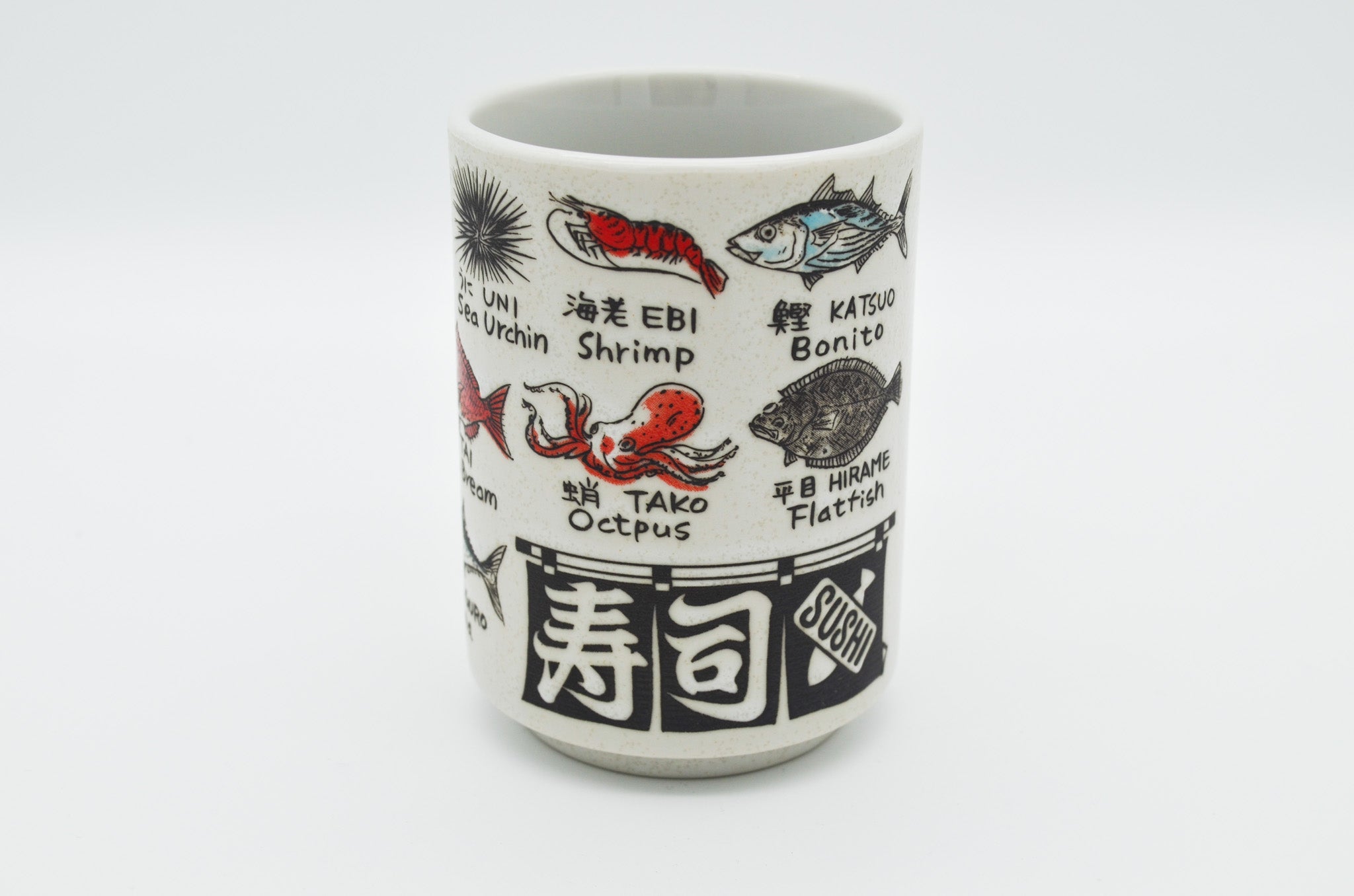 Ceramic mug with Japanese text and fish illustrations on a white background