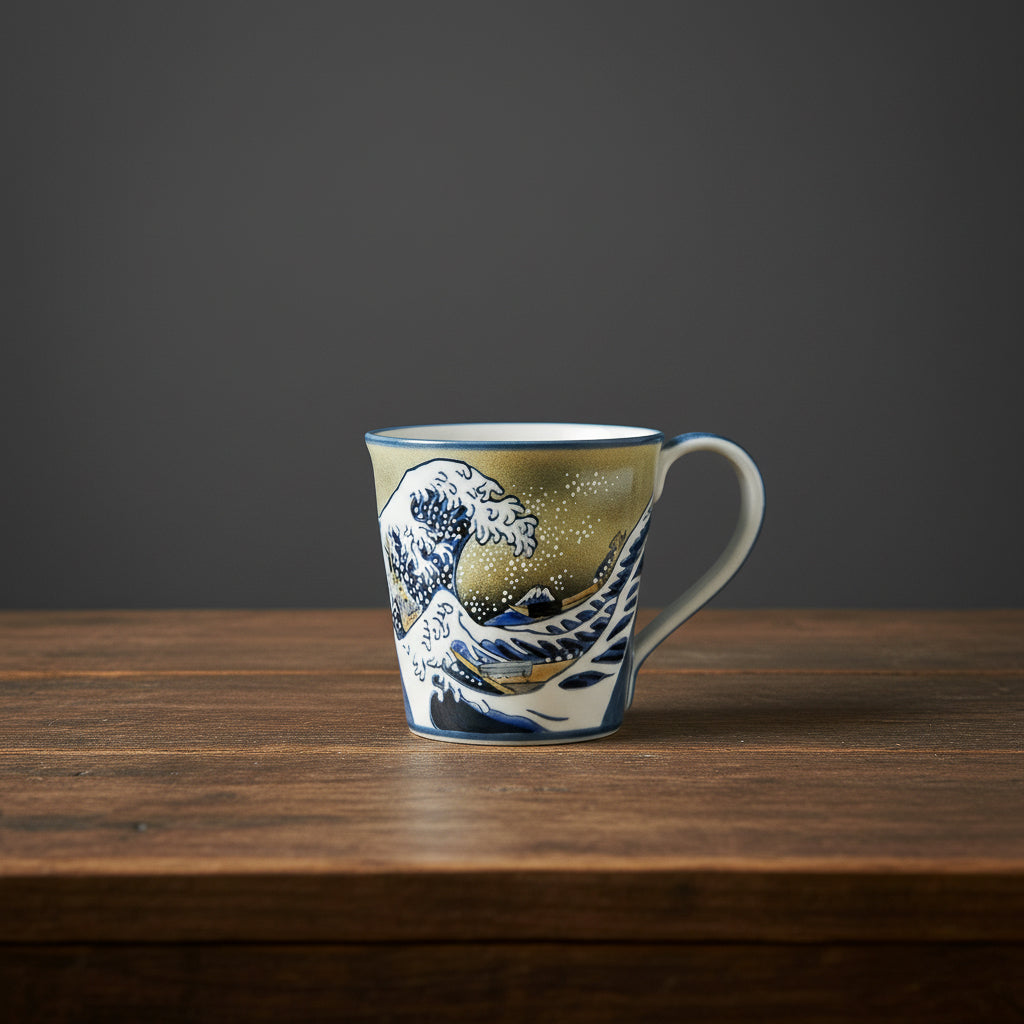 Ceramic mug with wave design on a wooden surface and dark background