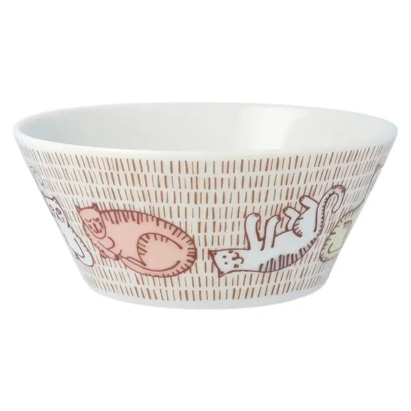 Ceramic bowl with cat and fish pattern on a white background