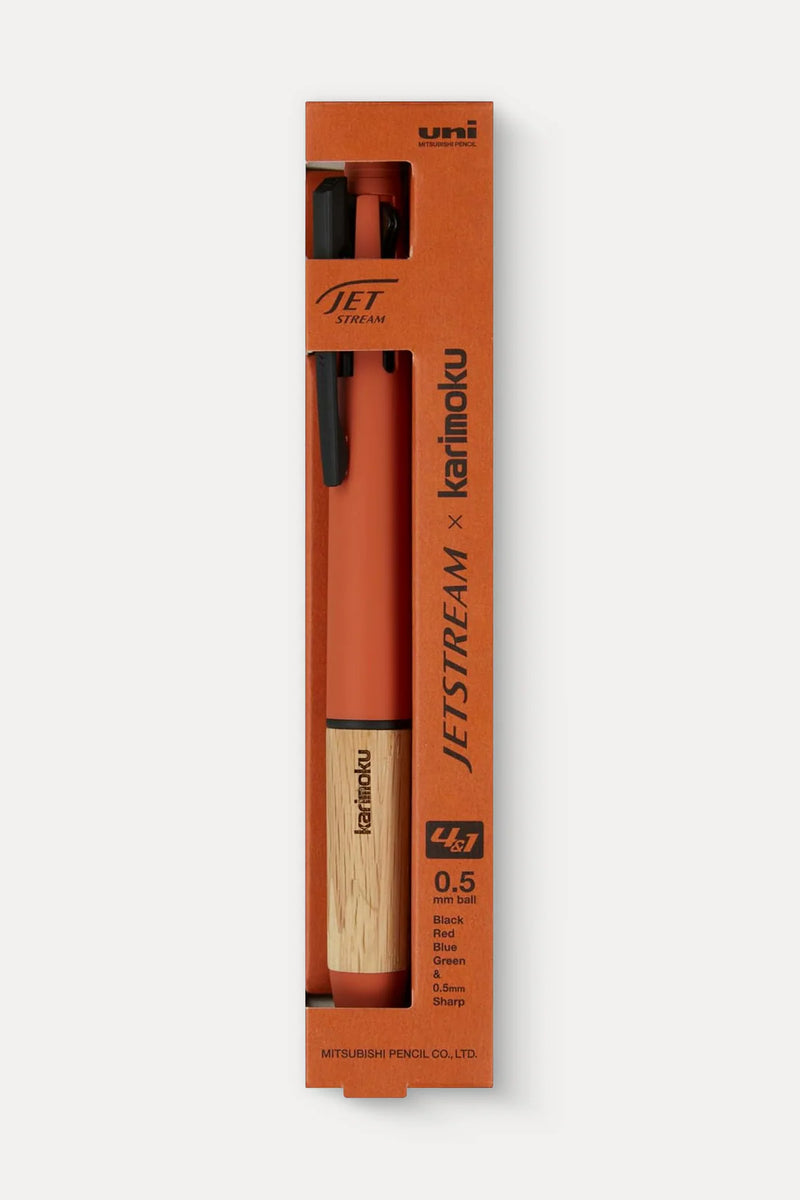 Mitsubishi Uni JETSTREAM x Karimoku 4&1 multi pen in retail packaging on a white background