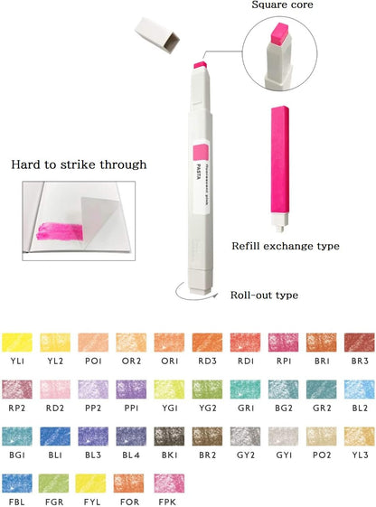 Colorful markers with refill options and color swatches on a white background