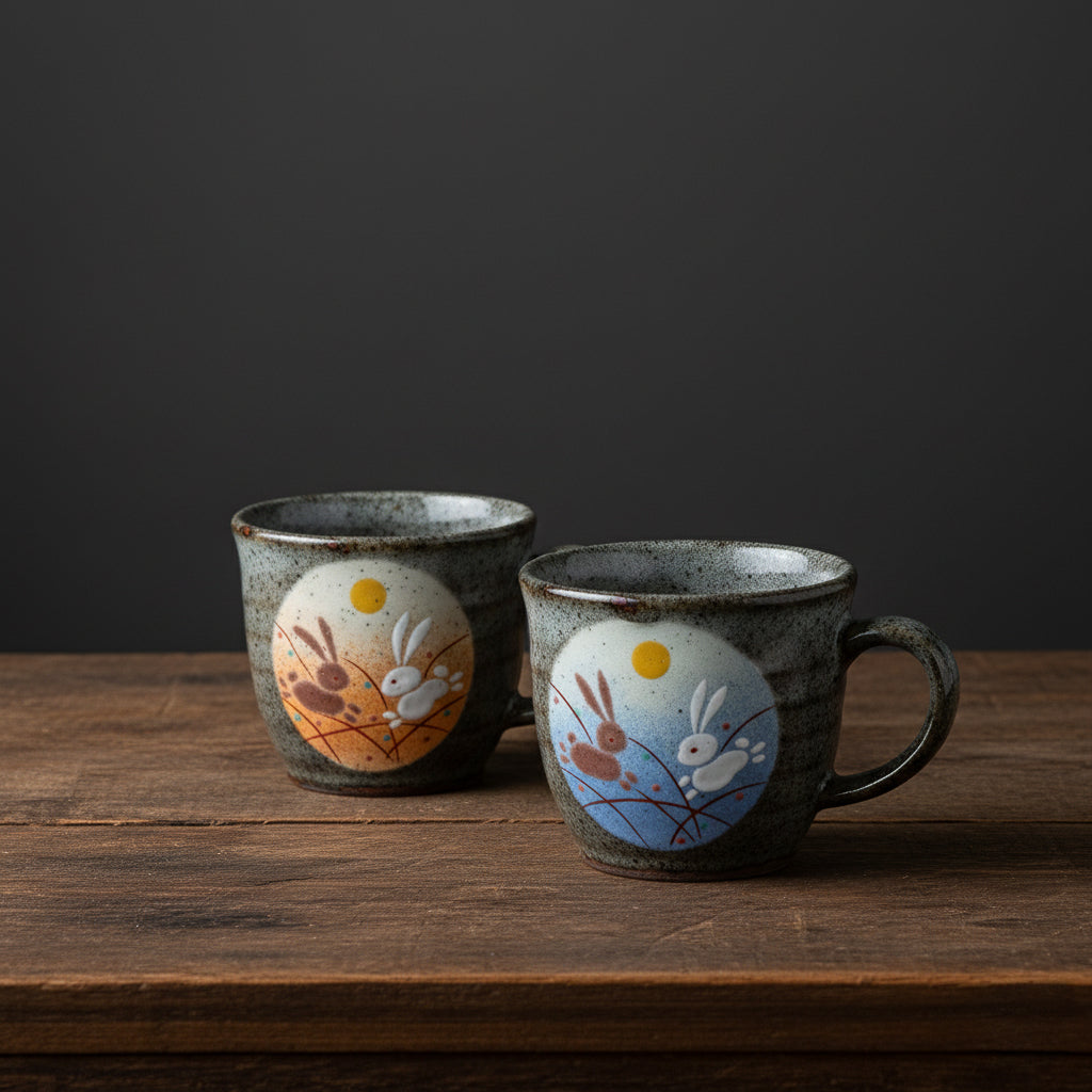 Two ceramic mugs with artistic designs on a wooden surface and dark background