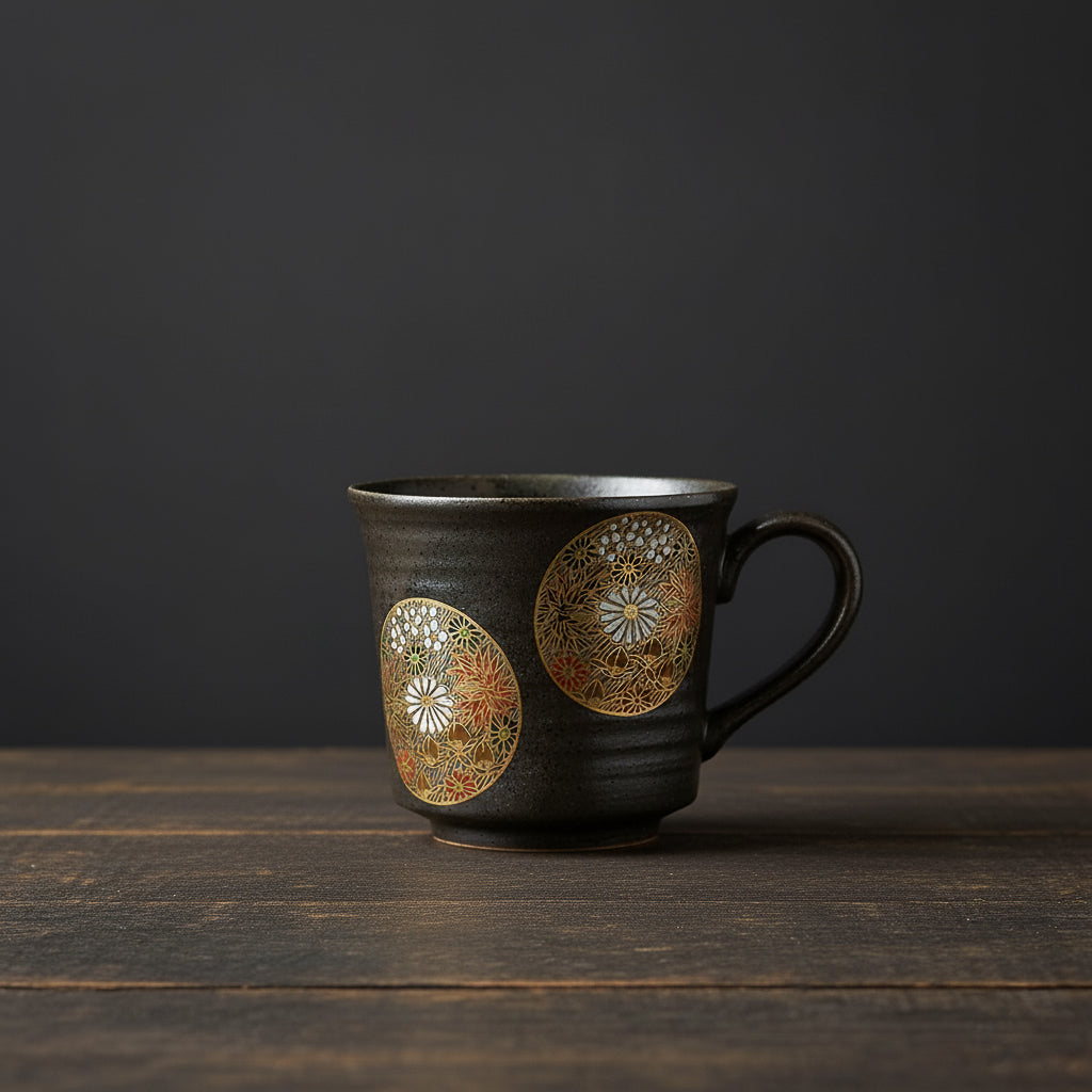 Black mug with gold and bronze decorative patterns on a dark background