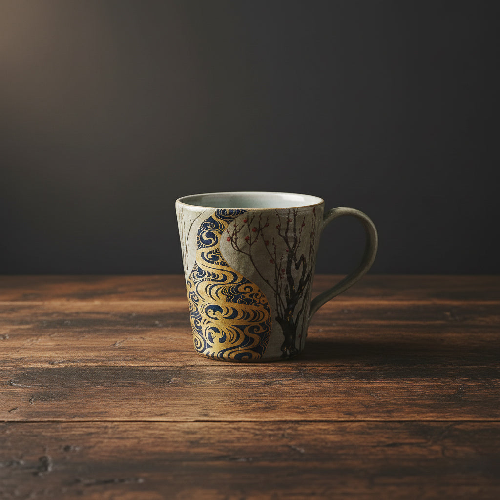 Ceramic mug with decorative design on a wooden surface and dark background