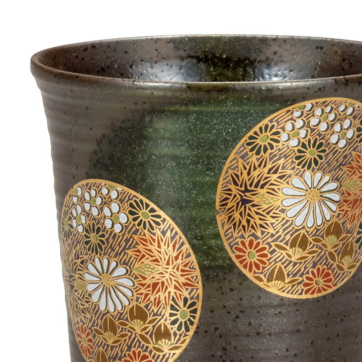 Kutani Ware ceramic mug with floral patterns on a white background