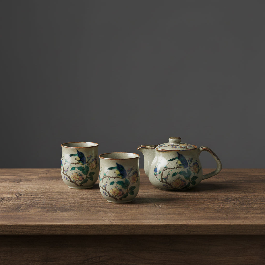 Set of ceramic tea cups and teapot with floral patterns on a wooden surface against a dark background