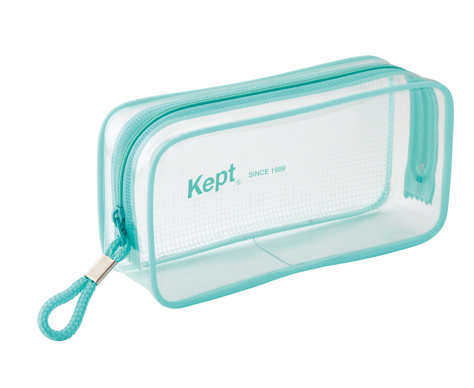 Turquoise toiletry bag with 'Kept' branding on a white background
