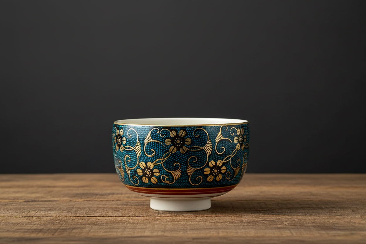 Kutani Ware Aochibu Matcha Bowl - Tessen and Blue Dots Design | 抹茶碗 青粒鉄仙