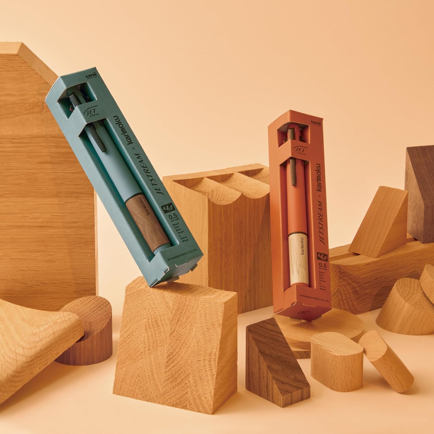 Wooden geometric shapes with a focus on color and form on a beige background